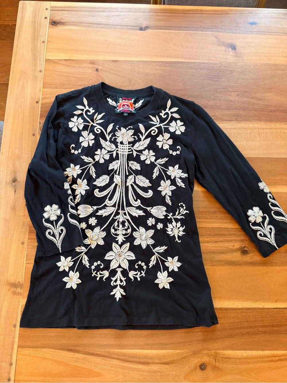 Johnny Was Black Long-Sleeve Tee with Cream Floral Embroidery